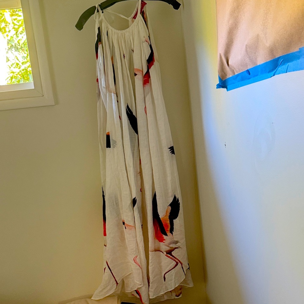White Maxi Dress with flamingo Bird Print- Heidi Merrick